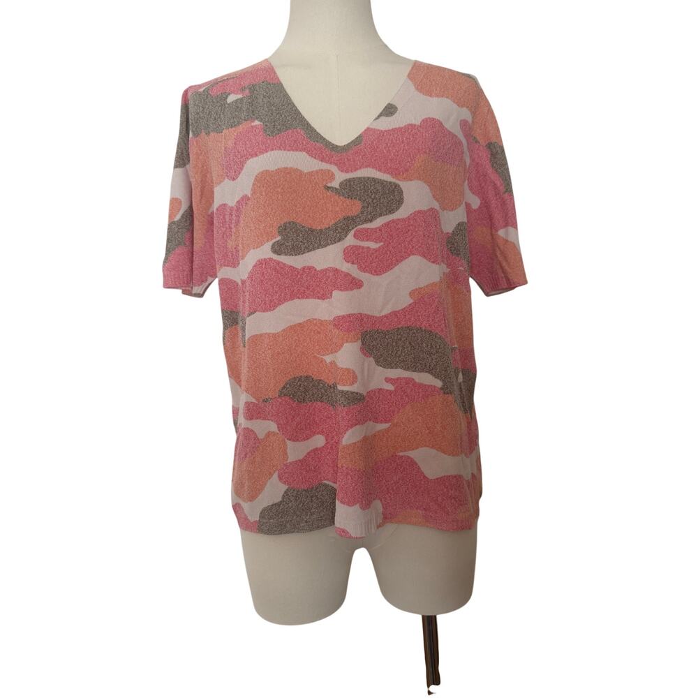 Escorpion Viscose V Neck Lightweight Sweater Camo Pink Orange Short Sleeve - L